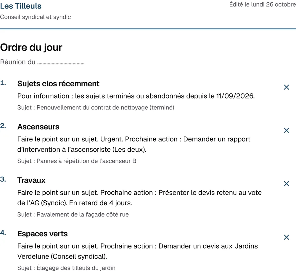 Un ordre du jour préparé à partir des sujets&nbsp;: les sujets clos récemment, puis un point par domaine avec sa prochaine action