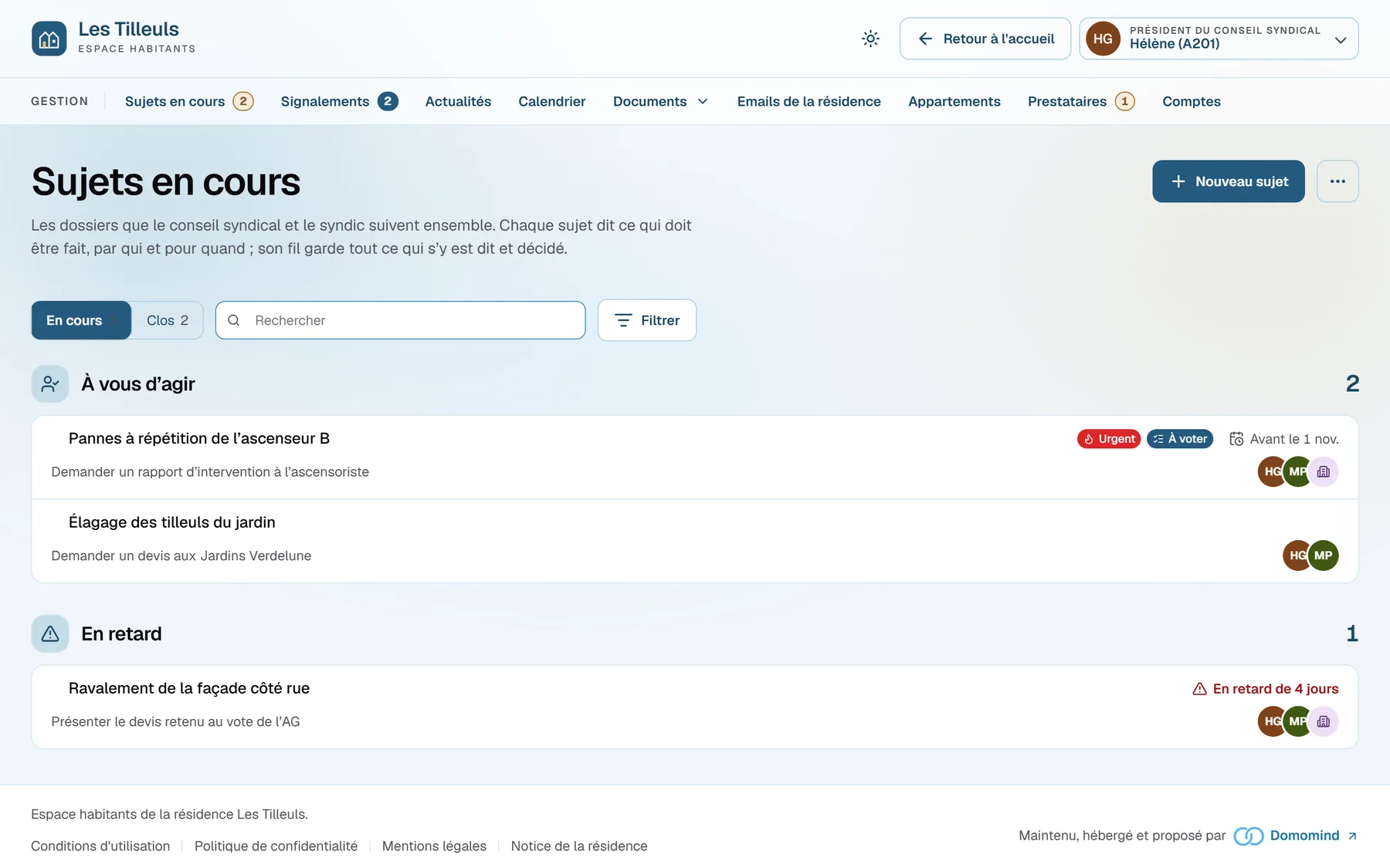 La page «&nbsp;Sujets en cours&nbsp;» de la présidente du conseil syndical&nbsp;: les sujets où c'est à elle d'agir, puis ceux en retard, chacun avec sa prochaine action