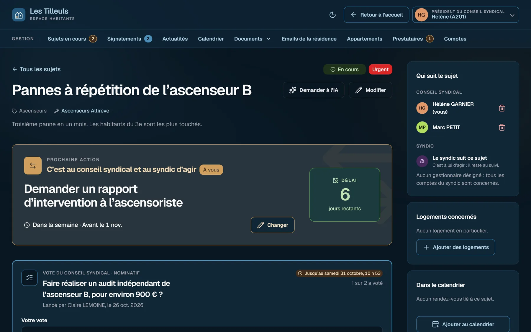 Un sujet en thème sombre&nbsp;: sa prochaine action, c'est au conseil syndical et au syndic d'agir, six jours restants, et qui le suit