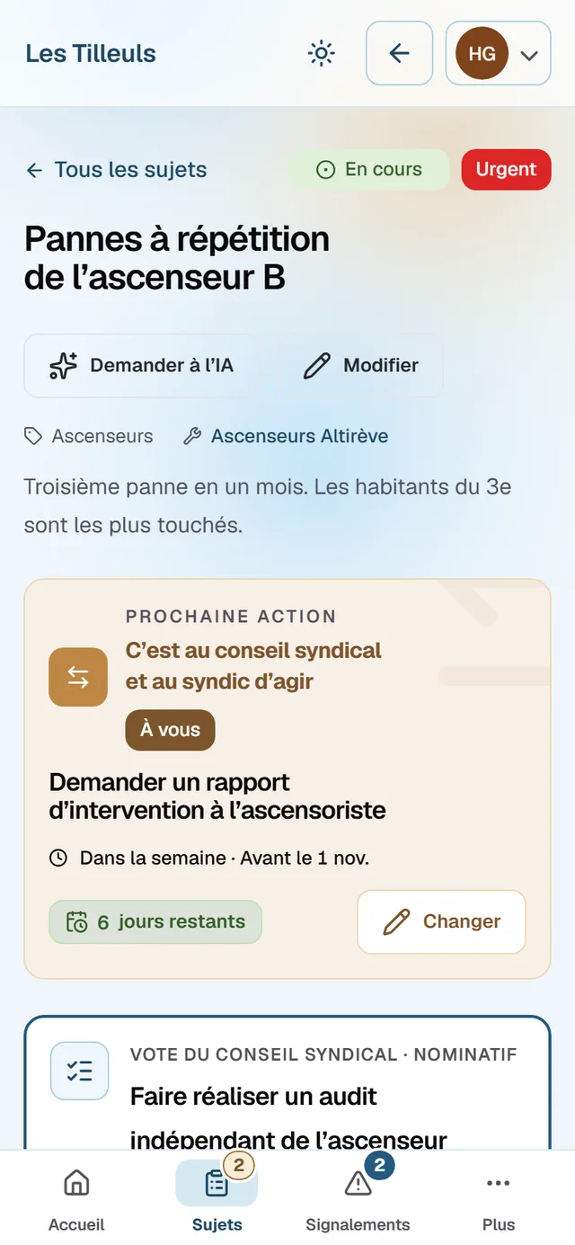 Un sujet sur téléphone&nbsp;: sa prochaine action, qui doit agir et le délai qui reste